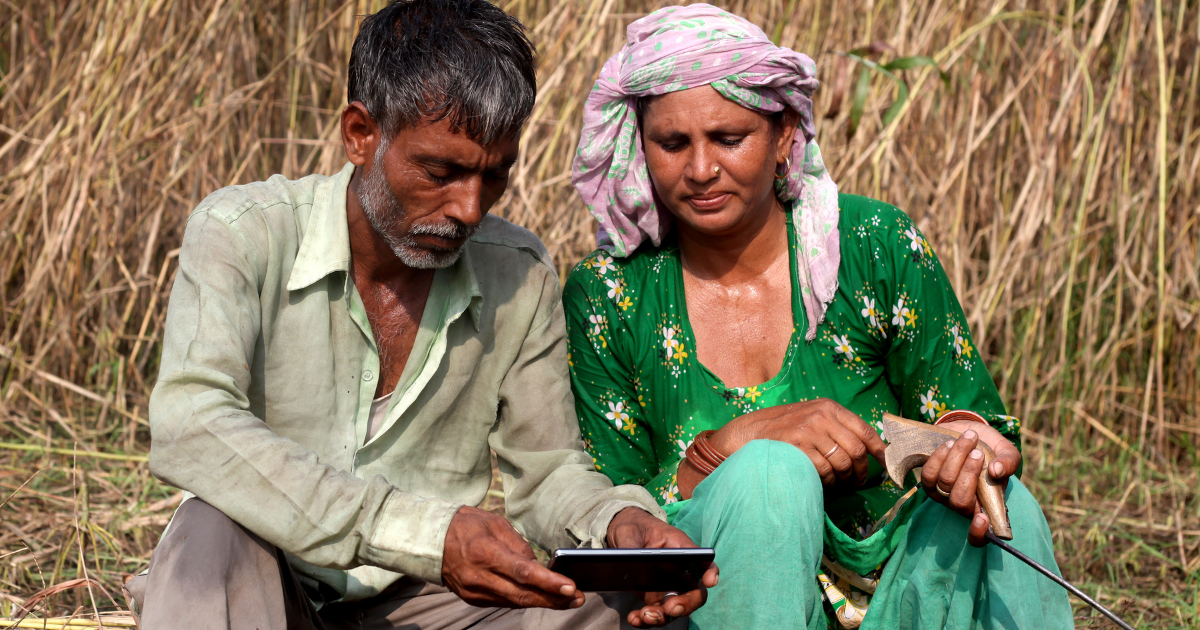 Farmer couple looking at a phone