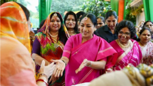 Delhi Chief Minister Rekha Gupta participates in the Teej Milan event organised by National Commission for Women Chairperson Vijaya Rahatkar, in New Delhi